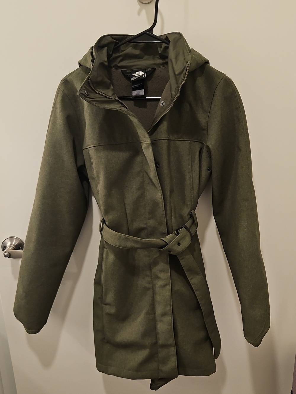 The North Face Olive Hooded Trench Coat Jacket with Belt